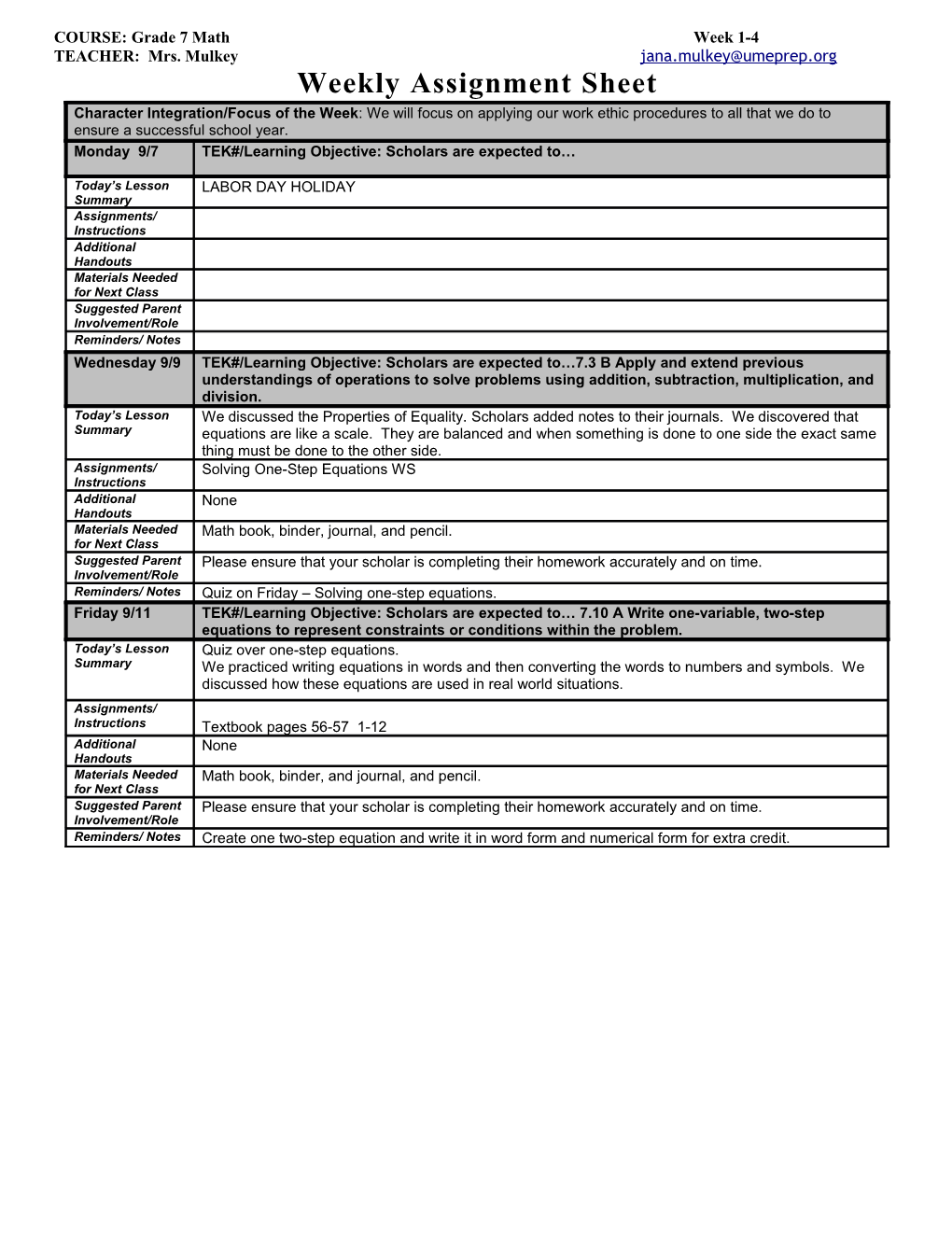 COURSE: Grade 7 Math Week 1-4