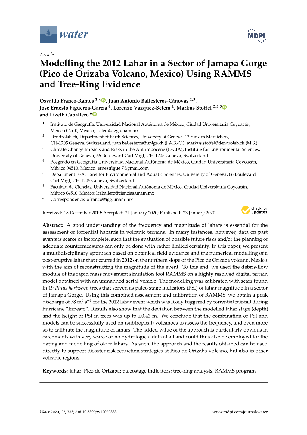 Modelling the 2012 Lahar in a Sector of Jamapa Gorge (Pico De Orizaba Volcano, Mexico) Using RAMMS and Tree-Ring Evidence