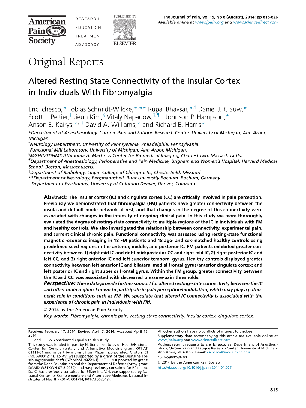 Altered Resting State Connectivity of the Insular Cortex in Individuals with Fibromyalgia