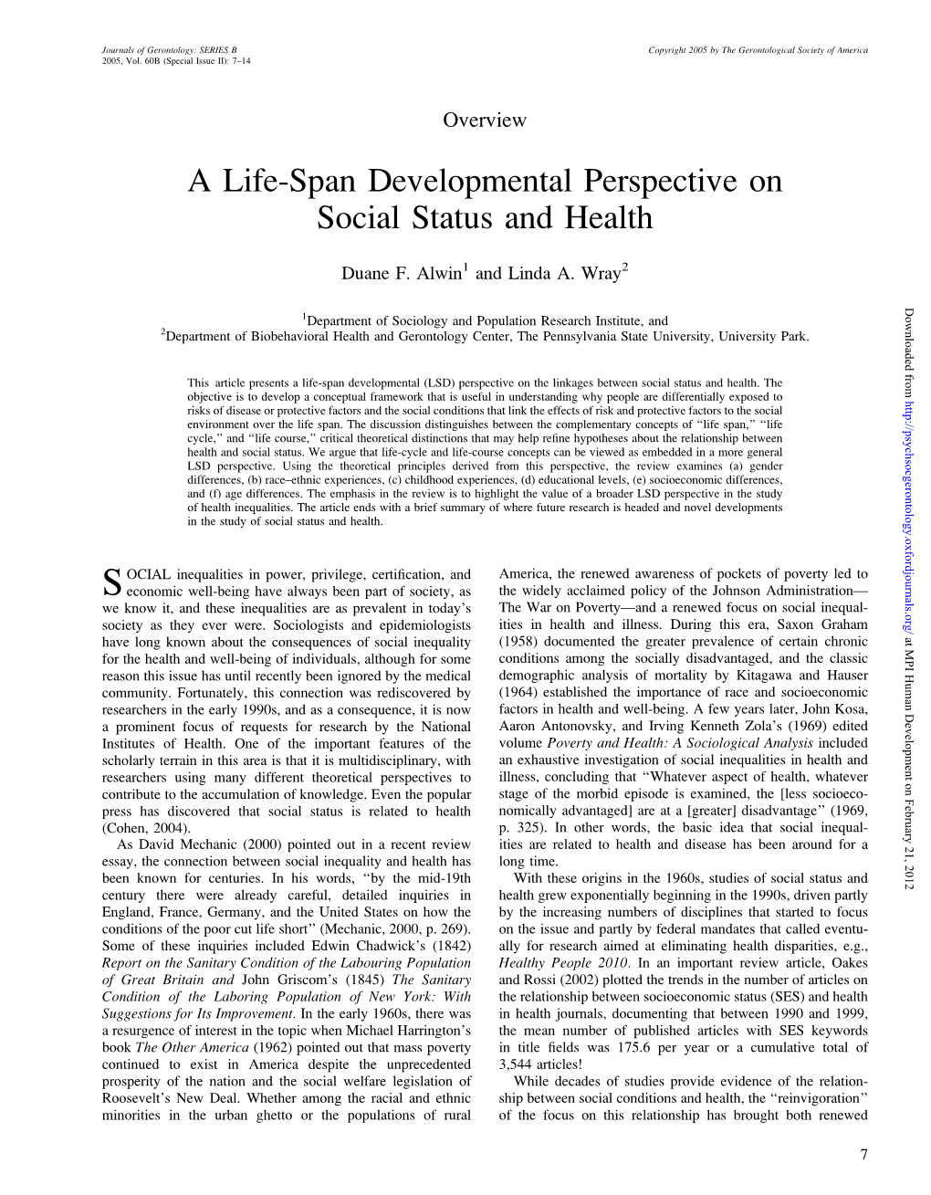 A Life-Span Developmental Perspective on Social Status and Health