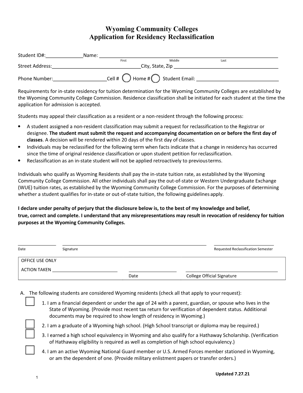 Wyoming Community College Application for Residency Reclassification