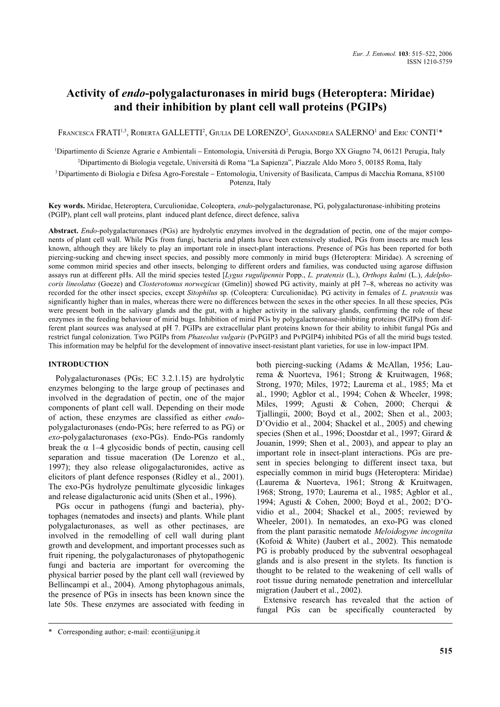 Heteroptera: Miridae) and Their Inhibition by Plant Cell Wall Proteins (Pgips)