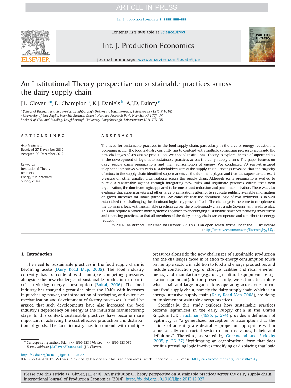 An Institutional Theory Perspective on Sustainable Practices Across the Dairy Supply Chain