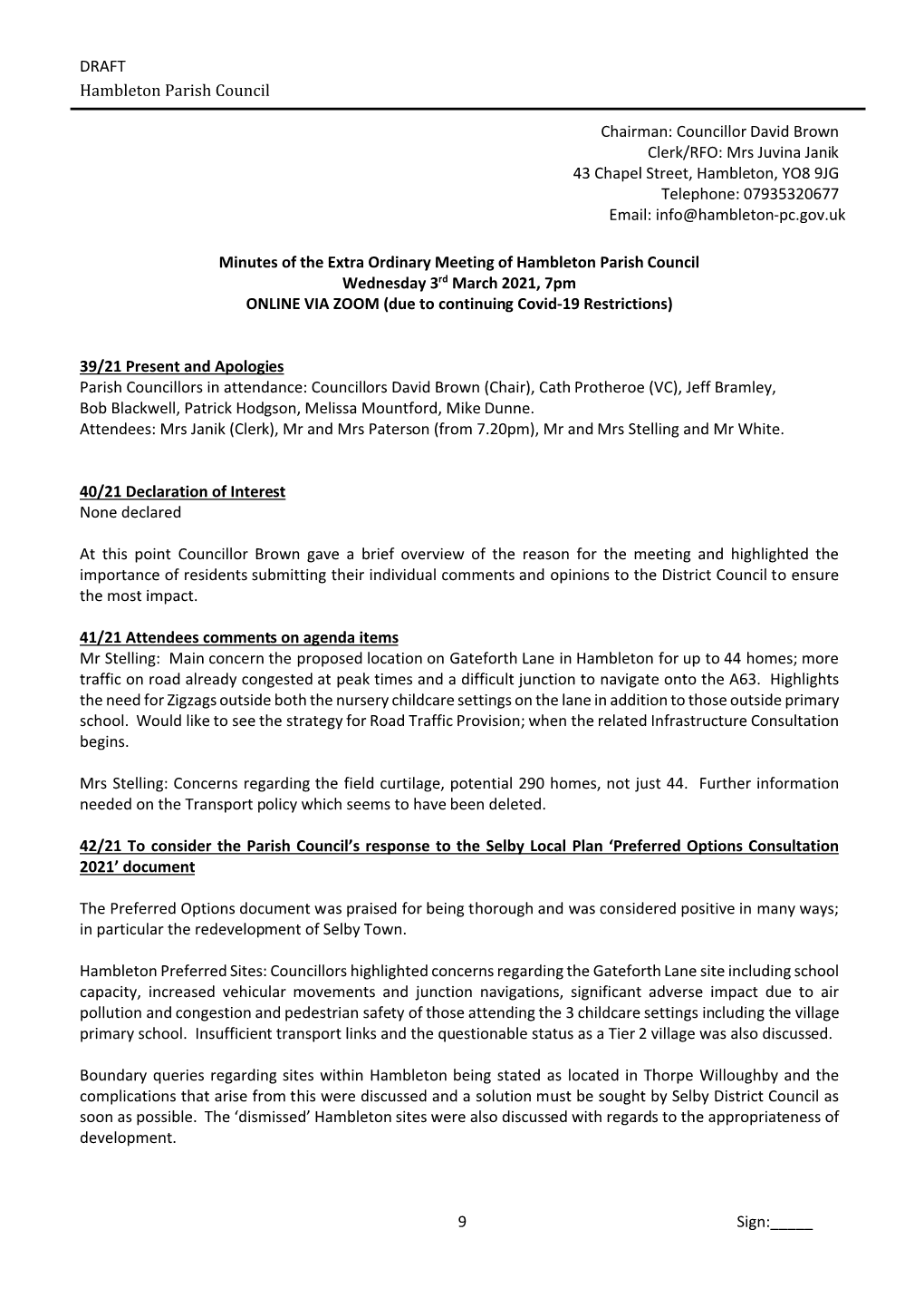 DRAFT 9 Sign:___Hambleton Parish Council Chairman: Councillor David Brown Clerk/RFO: Mrs Juvina Janik 43 Chapel Street, Hambl