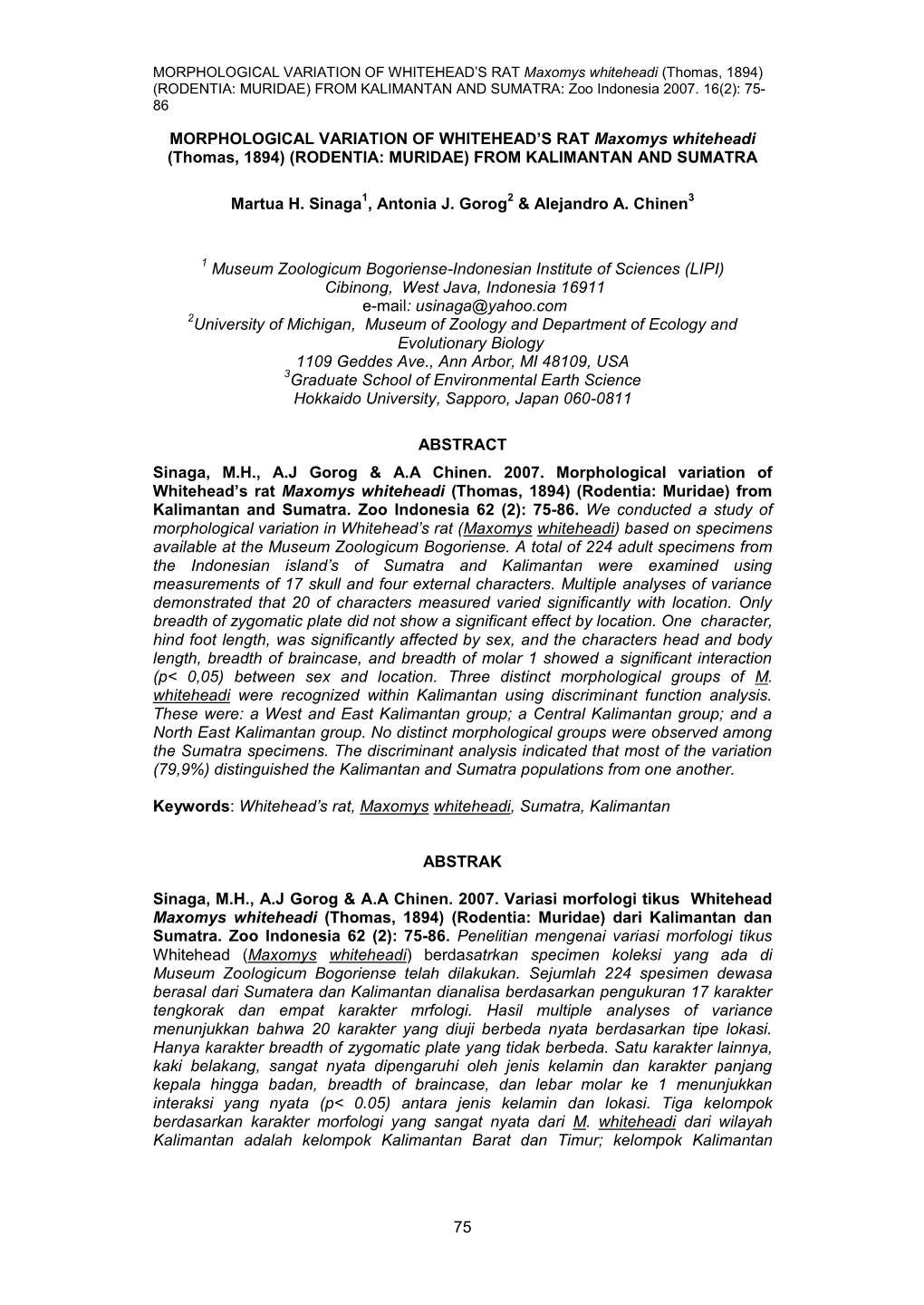 Morphological Variation of Whitehead's Rat Maxomys Whiteheadi (Thomas