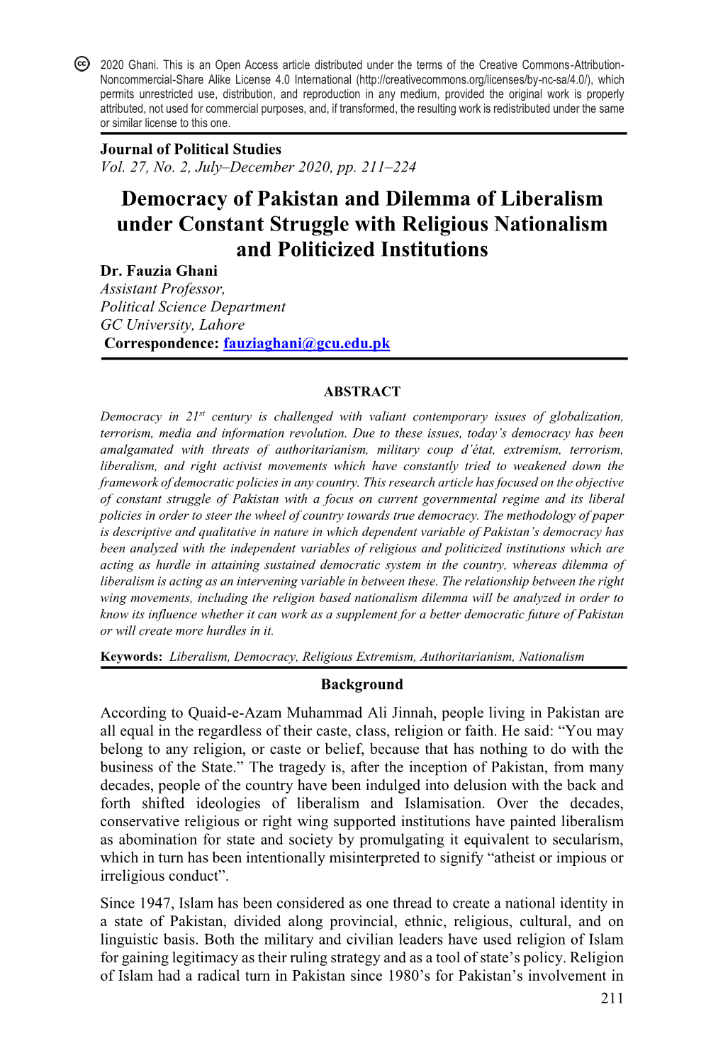 Democracy of Pakistan and Dilemma of Liberalism Under Constant Struggle with Religious Nationalism and Politicized Institutions Dr