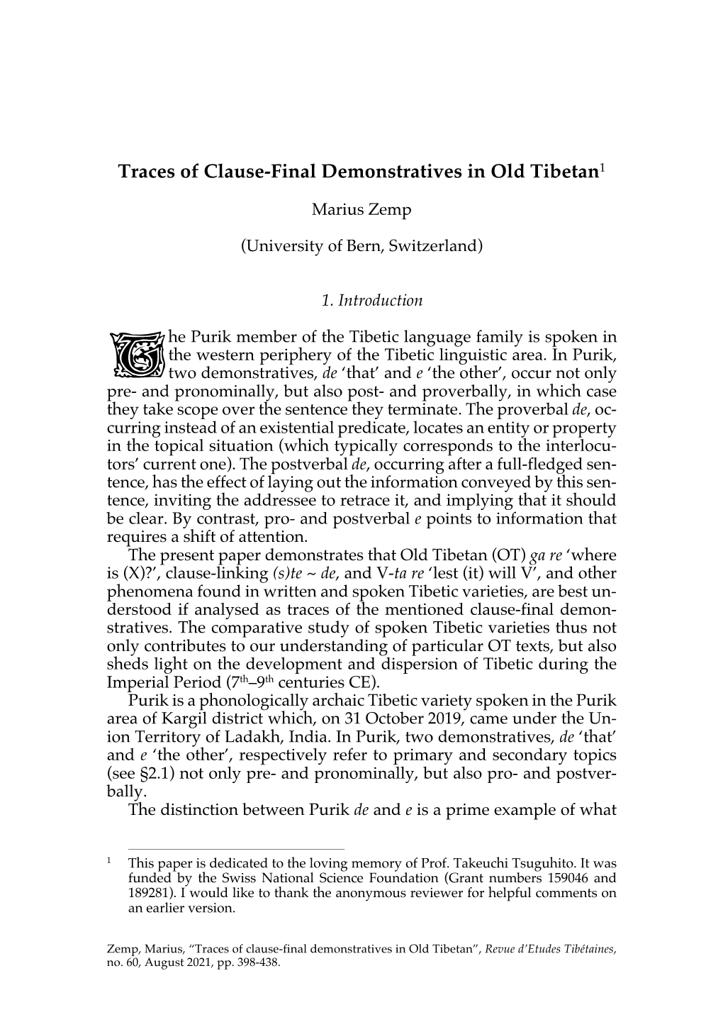 Traces of Clause-Final Demonstratives in Old Tibetan1