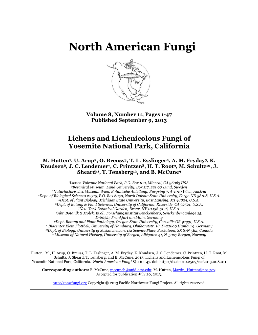 Lichens and Lichenicolous Fungi of Yosemite National Park, California