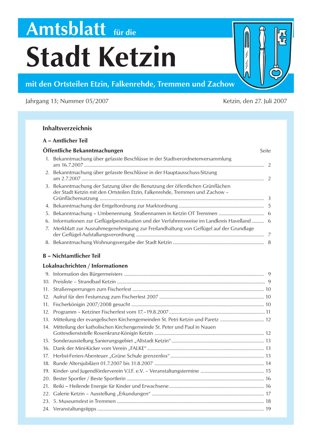 Stadt Ketzin 1 Amtsblatt Für Die Stadt Ketzin Mit Denden Ortsteilenortsteilen Etzin, Etzin, Falkenrehde, Falkenrehde, Tremmen Tremmen Und Und Zachow Zachow