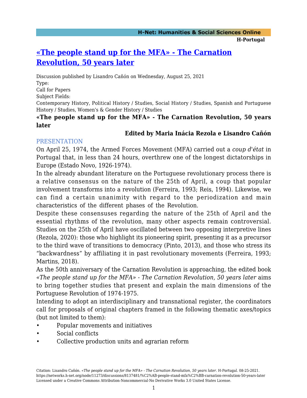 The People Stand up for the MFA» - the Carnation Revolution, 50 Years Later