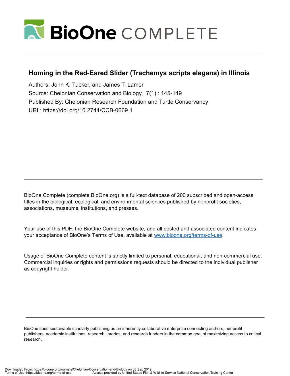 Homing in the Red-Eared Slider (Trachemys Scripta Elegans) in Illinois Authors: John K