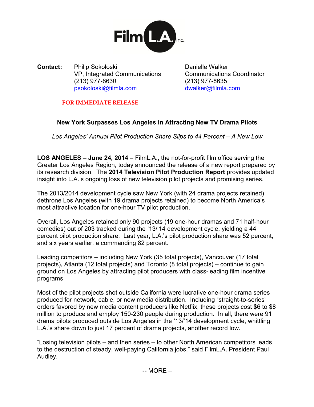 2014 Television Pilot Production Report Provides Updated Insight Into L.A.’S Ongoing Loss of New Television Pilot Projects and Promising Series