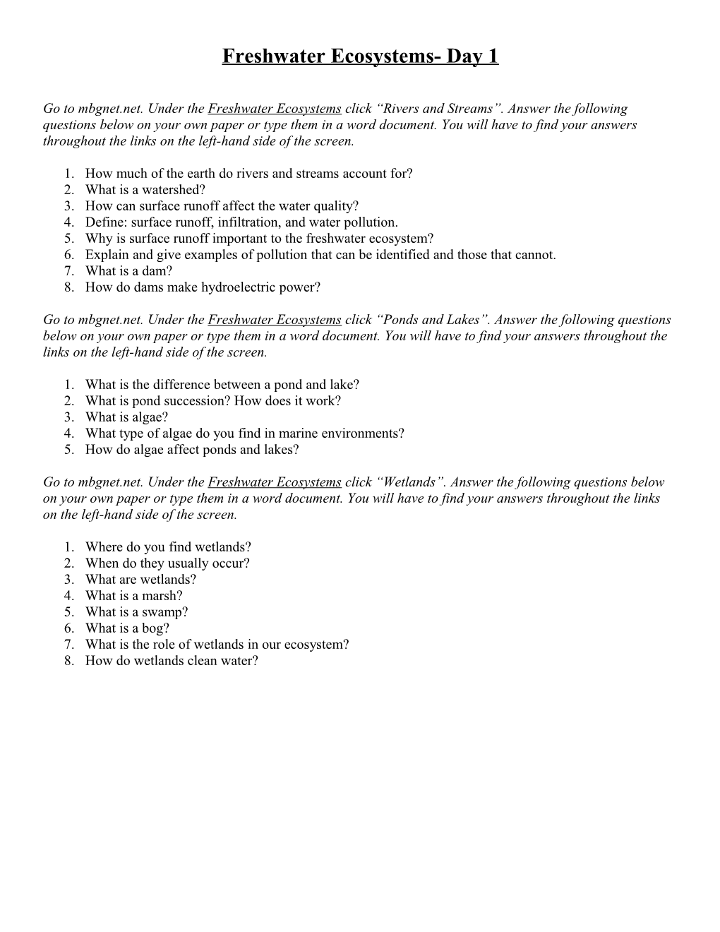 Freshwater Ecosystems- Day 1