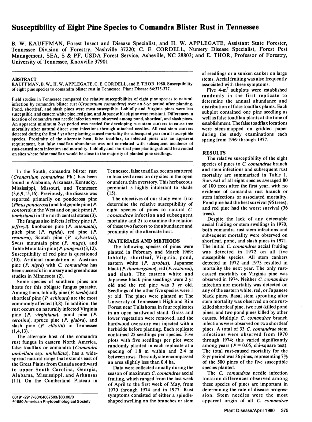 Susceptibility of Eight Pine Species to Comandra Blister Rust in Tennessee