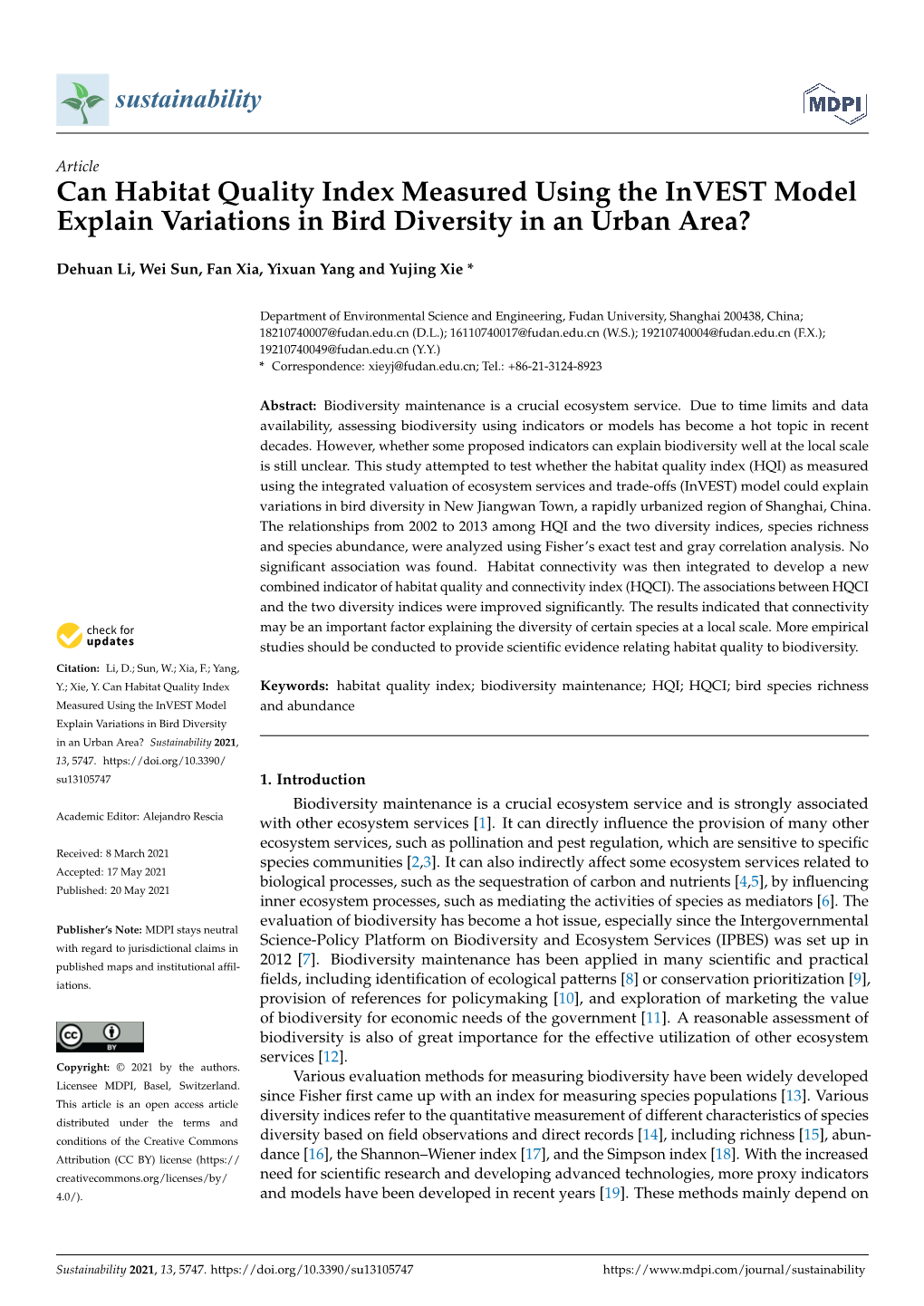 Can Habitat Quality Index Measured Using the Invest Model Explain Variations in Bird Diversity in an Urban Area?