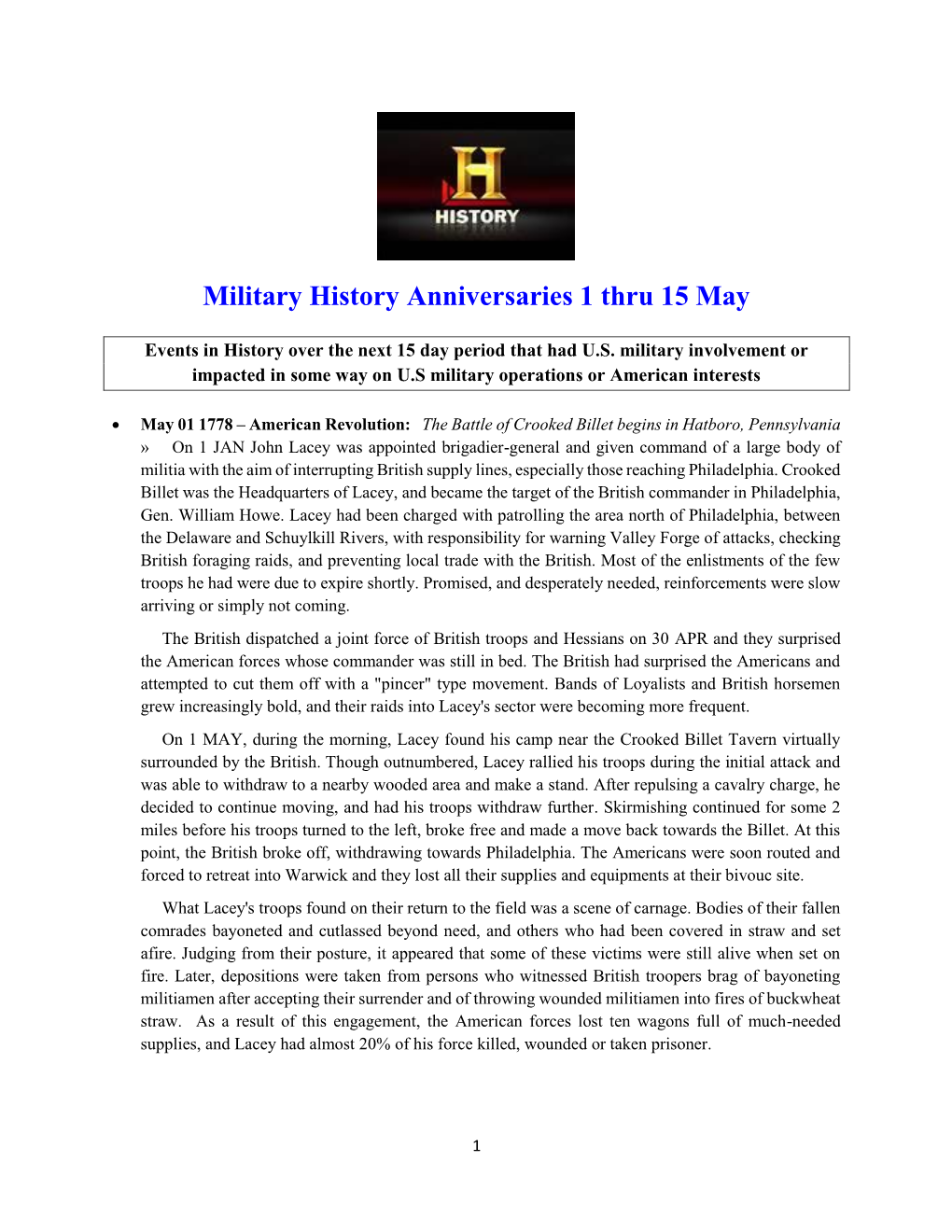 Military History Anniversaries 1 Thru 15 May