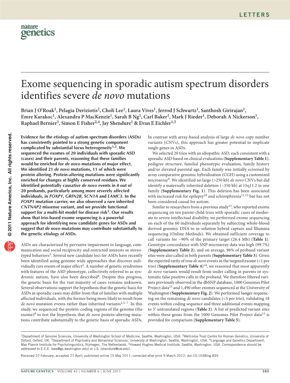 Exome Sequencing in Sporadic Autism Spectrum Disorders Identifies Severe De Novo Mutations