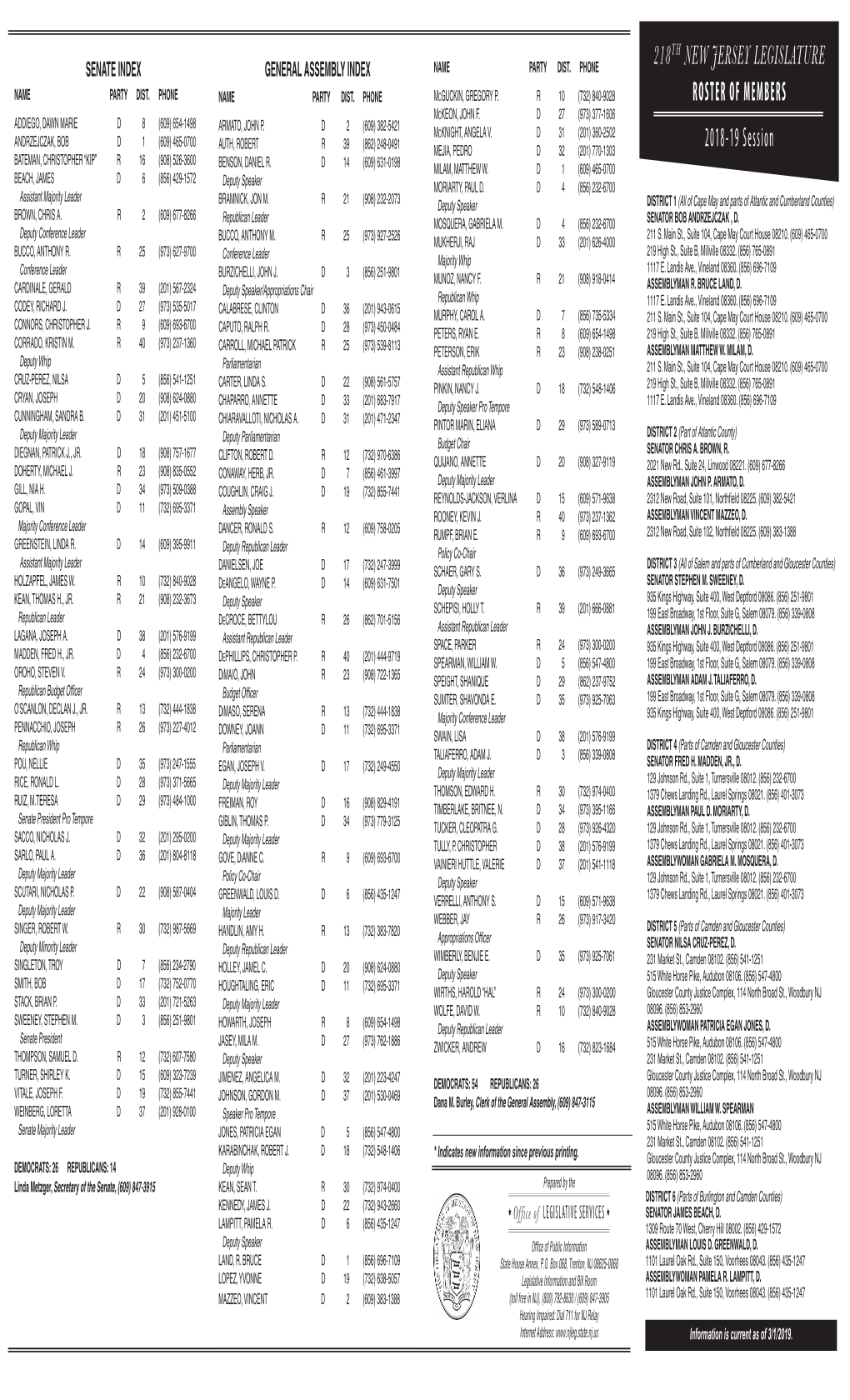 218TH NEW JERSEY LEGISLATURE ROSTER of MEMBERS 2018-19 Session