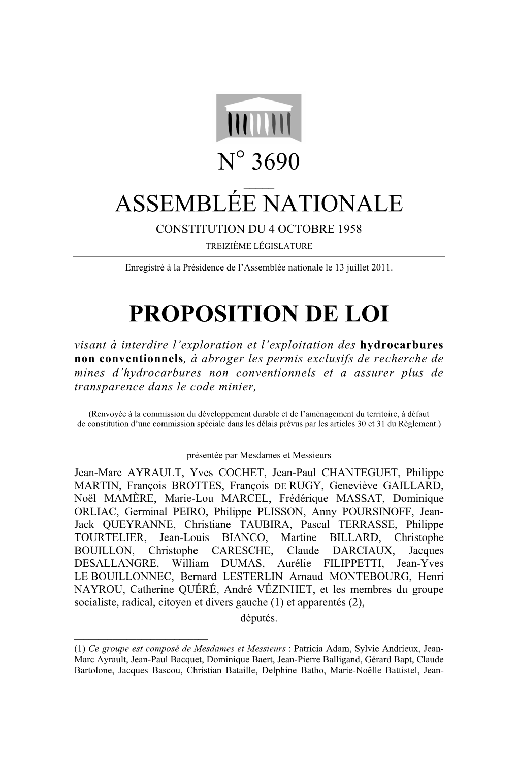 N° 3690 Assemblée Nationale Proposition De