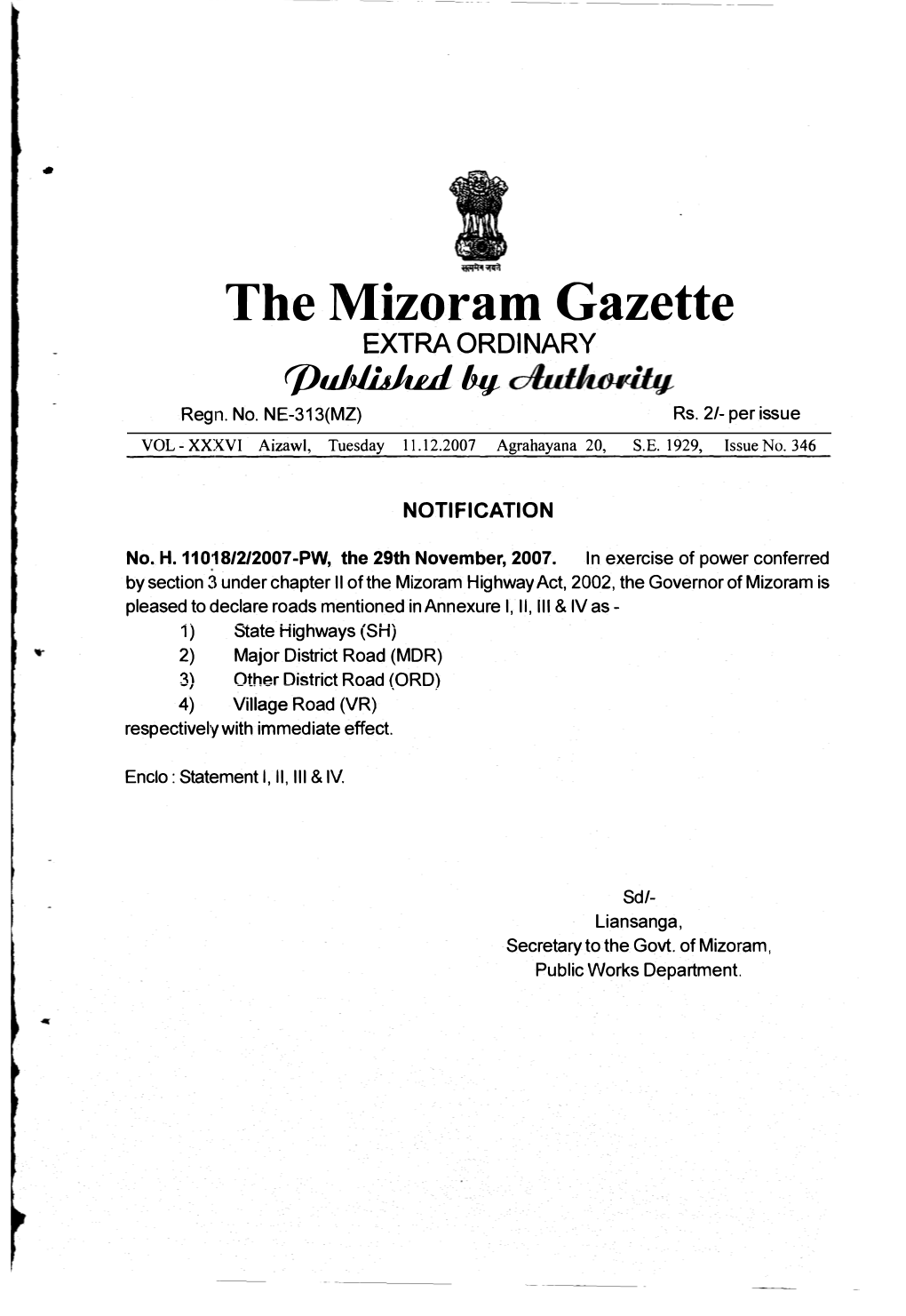 The Mizoram Gazette EXTRA ORDINARY Qjuhllthul Hy� Regn