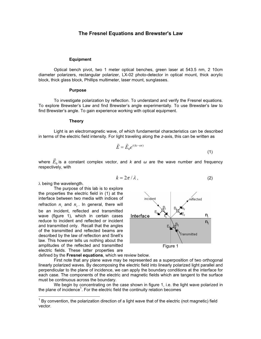 The Fresnel Equations and Brewster's Law