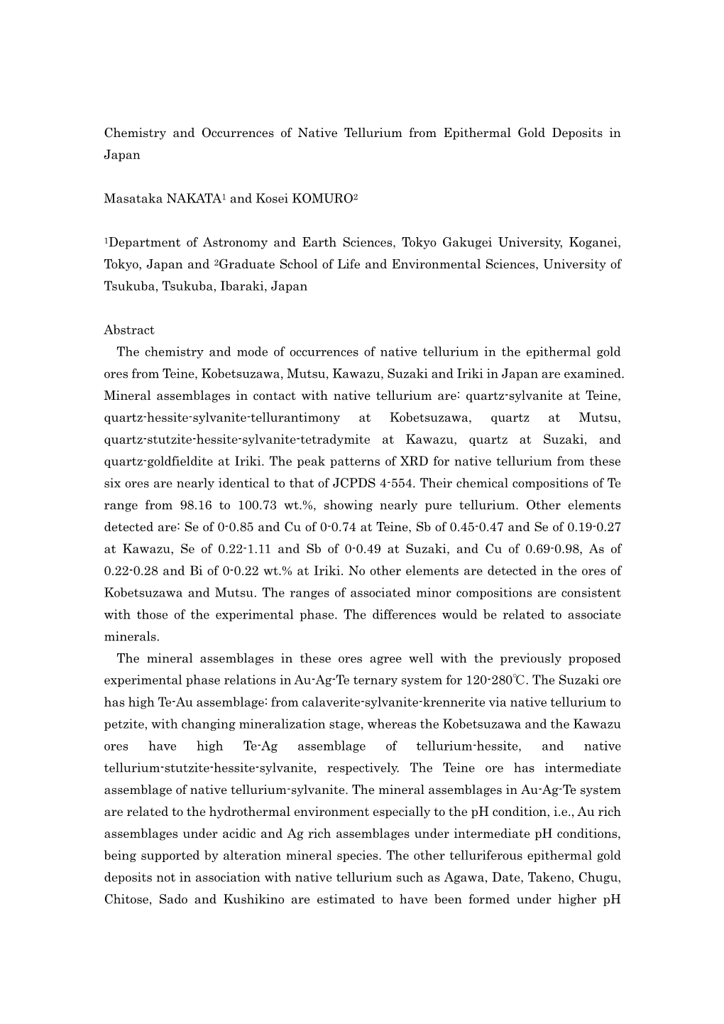 Chemistry and Occurrences of Native Tellurium from Epithermal Gold Deposits in Japan