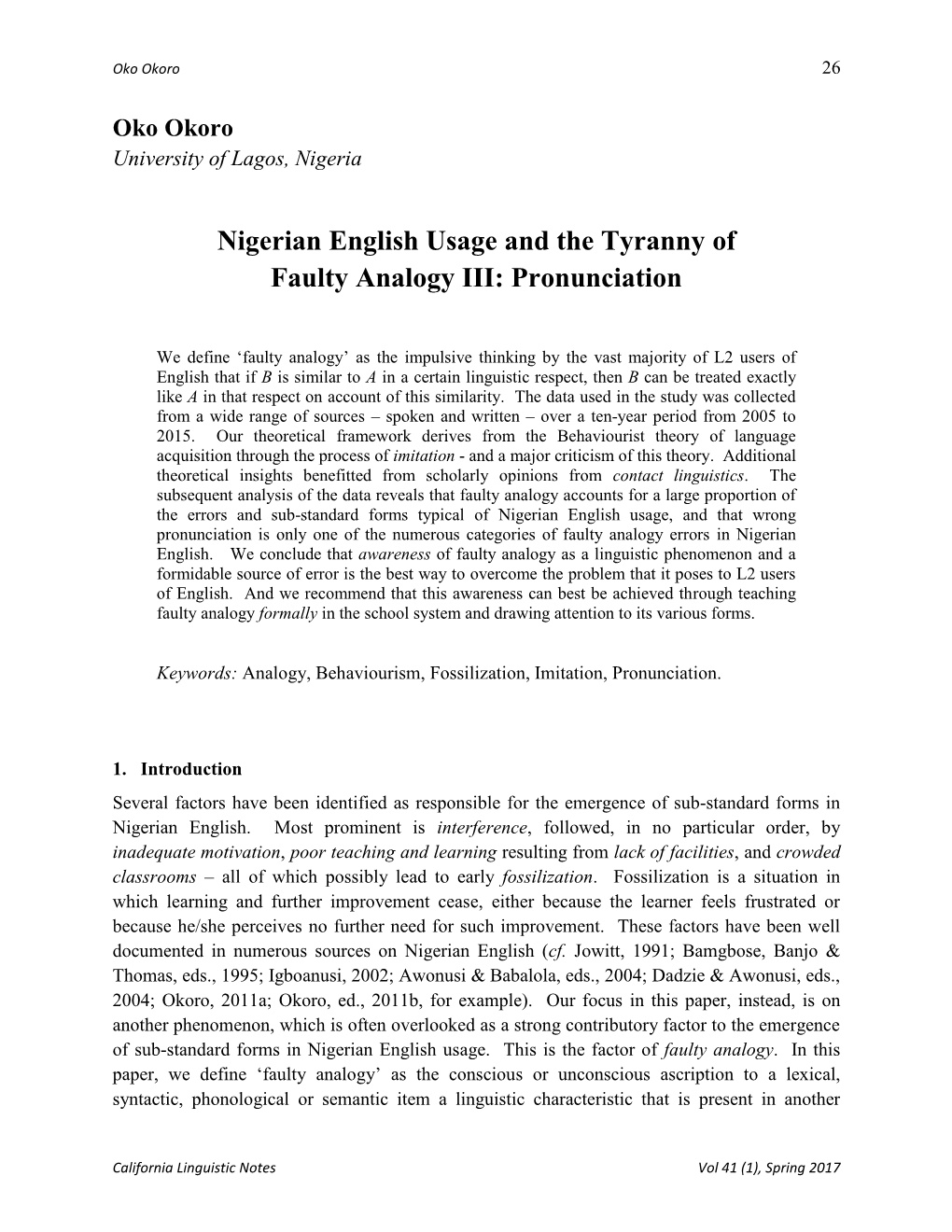 Nigerian English Usage and the Tyranny of Faulty Analogy III: Pronunciation