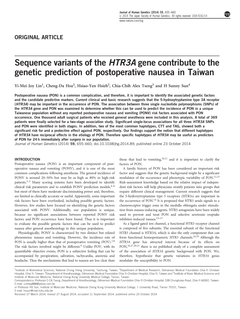 Sequence Variants of the HTR3A Gene Contribute to the Genetic Prediction of Postoperative Nausea in Taiwan