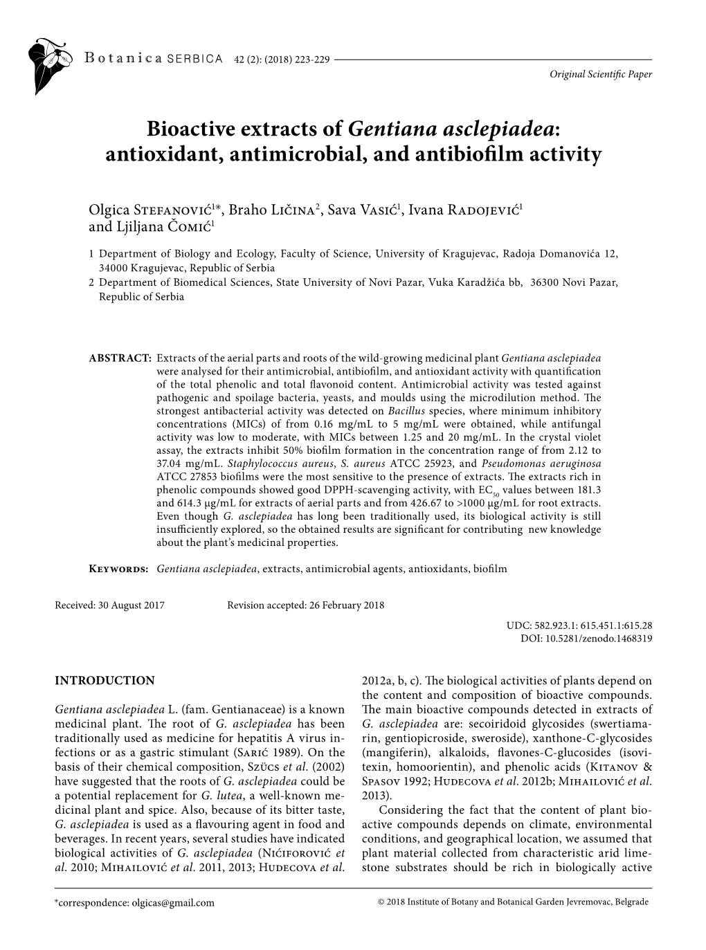 Bioactive Extracts of Gentiana Asclepiadea: Antioxidant, Antimicrobial, and Antibiofilm Activity
