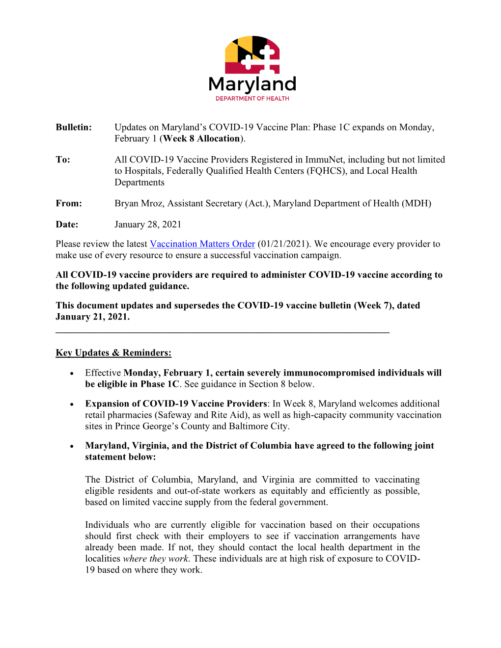 Bulletin: Updates on Maryland's COVID-19 Vaccine Plan: Phase 1C