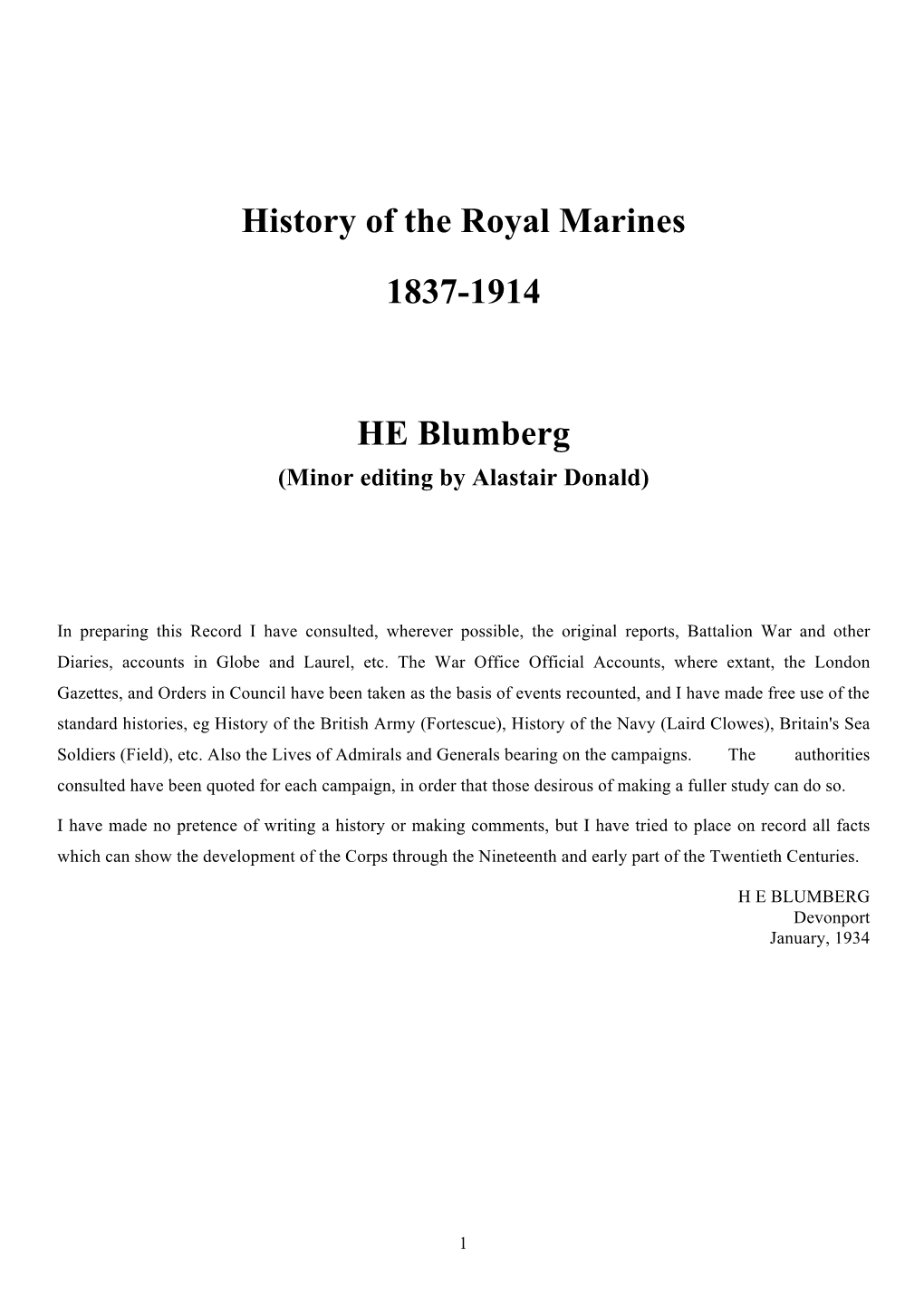 History of the Royal Marines 1837-1914 HE Blumberg