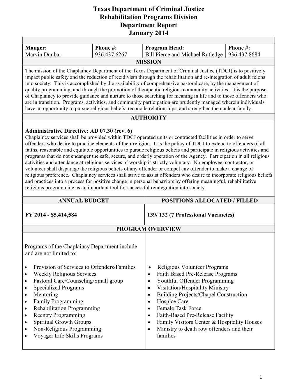 Texas Department of Criminal Justice Rehabilitation Programs Division Department Report January 2014