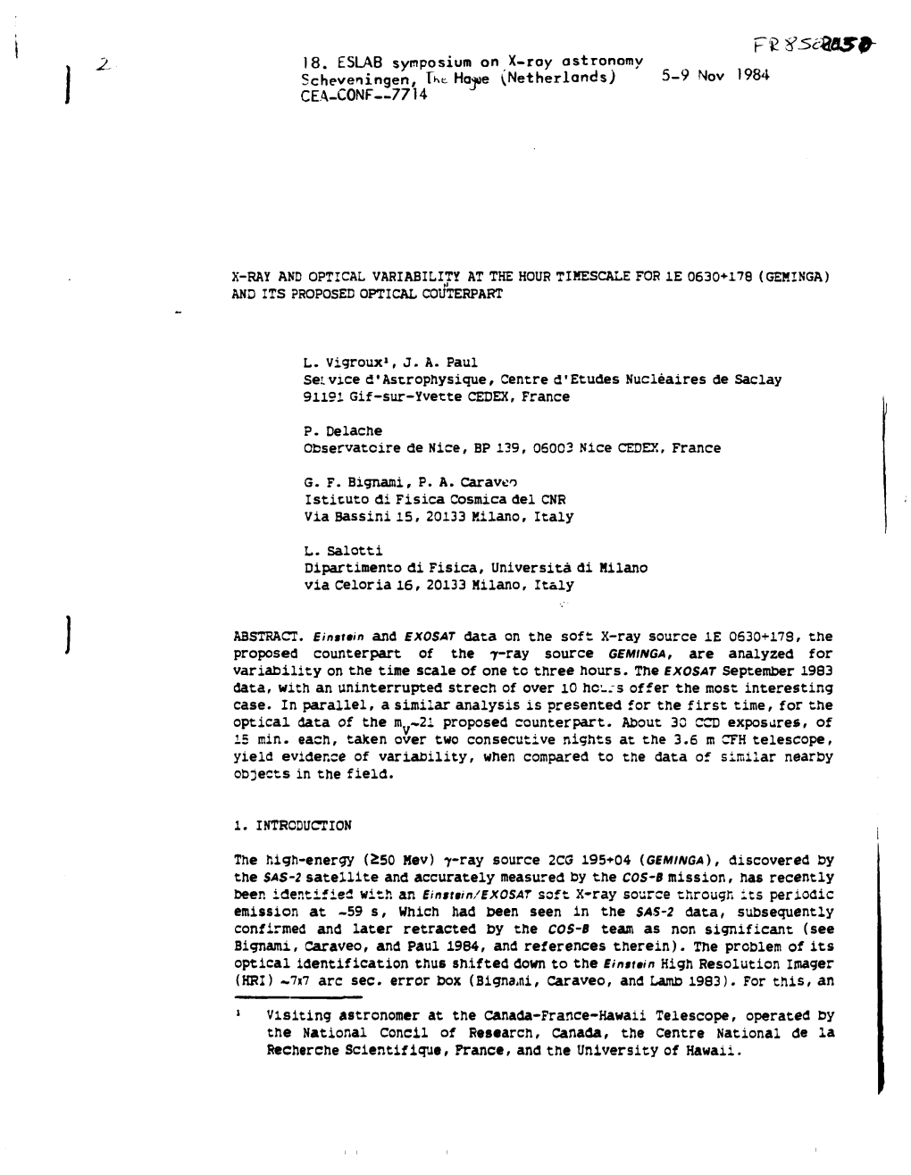 18. ESLAB Symposium on X-Ray Astronomy C Cheveningen, W Ha*>E (Netherlands) 5-9 Nov 1984 EA-CONF—7714 X-RAY and OPTICAL