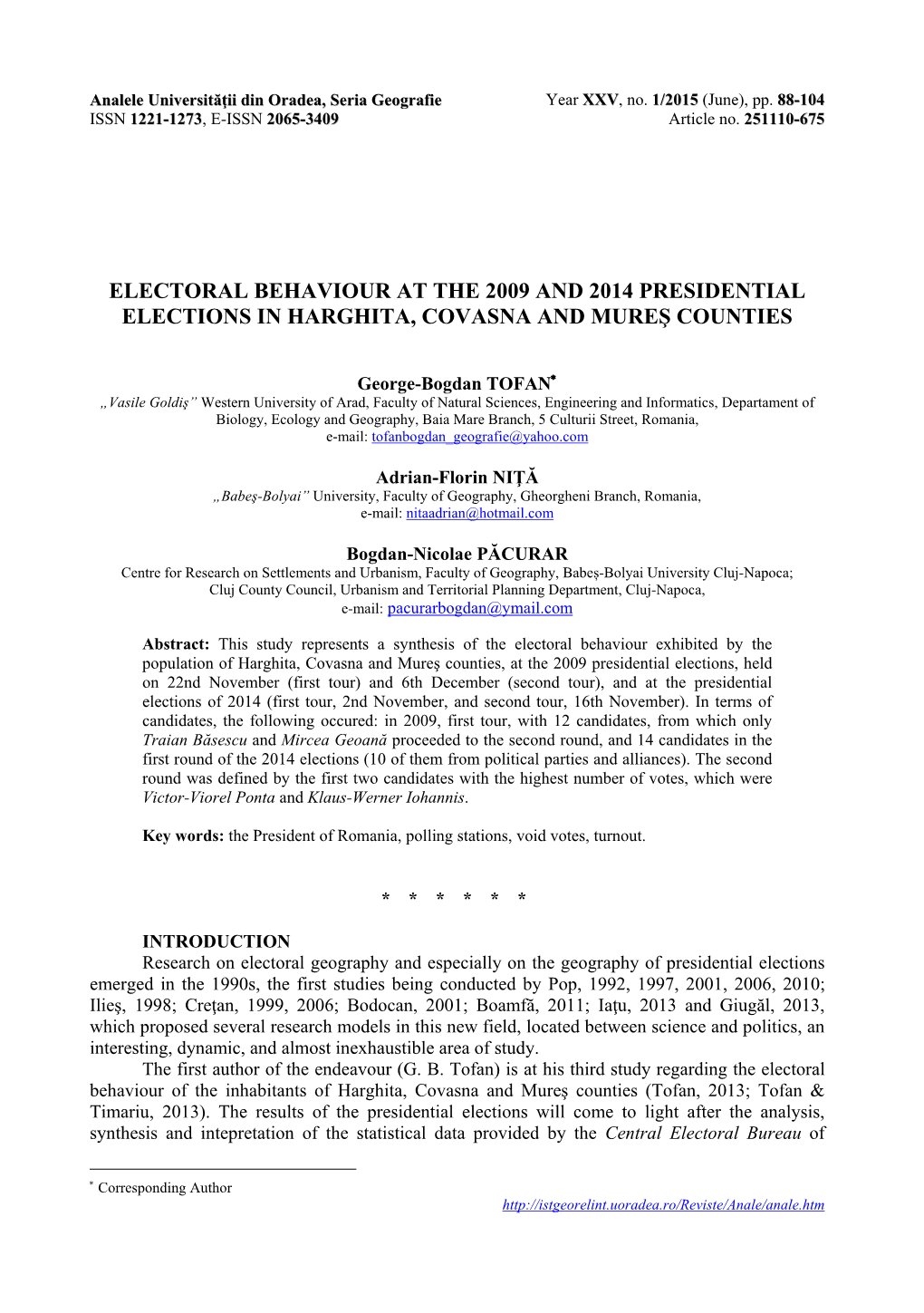 Electoral Behaviour at the 2009 and 2014 Presidential Elections in Harghita, Covasna and Mureş Counties