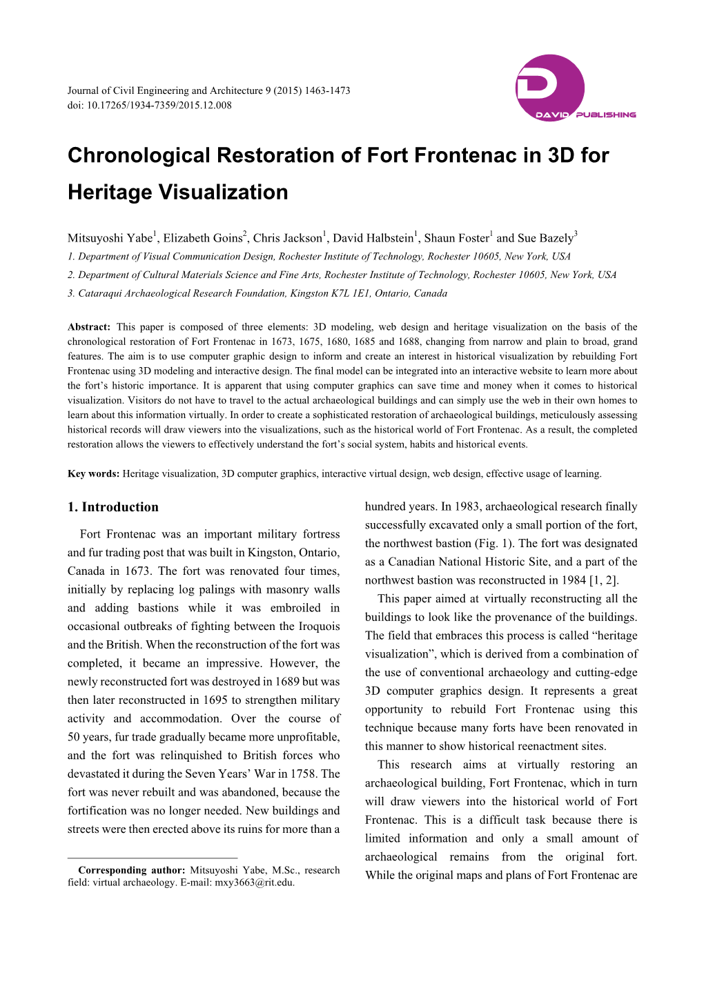 Chronological Restoration of Fort Frontenac in 3D for Heritage Visualization