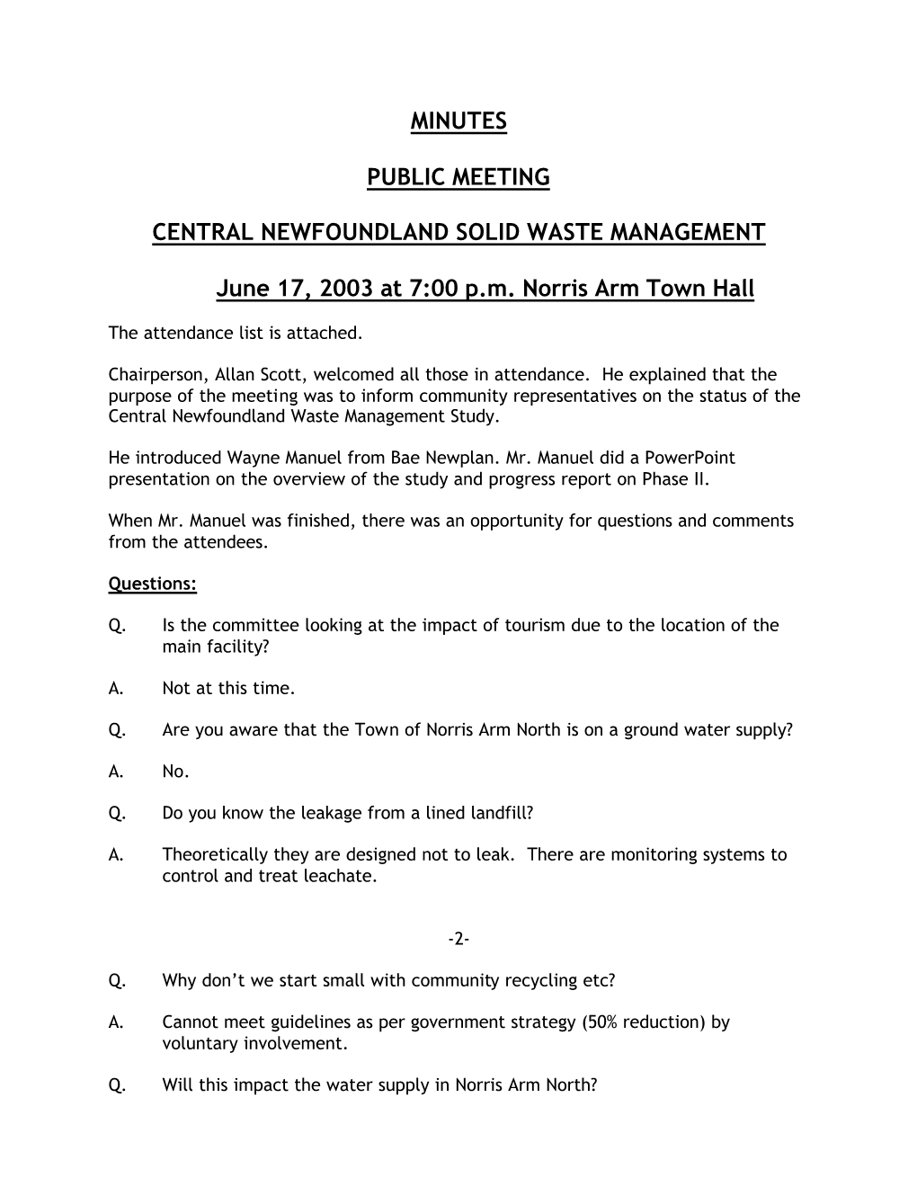 Minutes Public Meeting Central Newfoundland