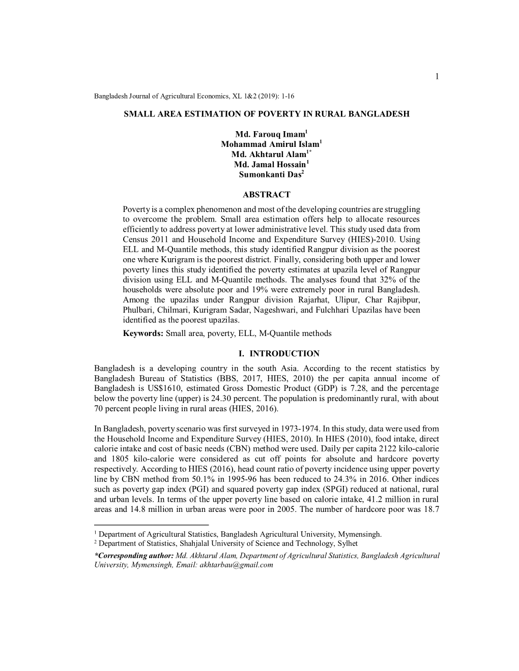 1 Small Area Estimation of Poverty in Rural