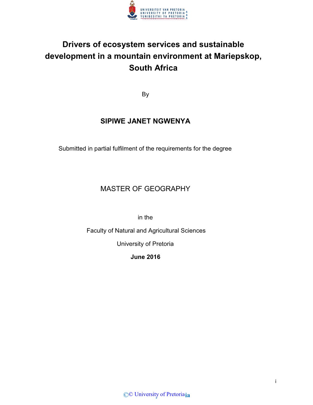 Drivers of Ecosystem Services and Sustainable Development in a Mountain Environment at Mariepskop