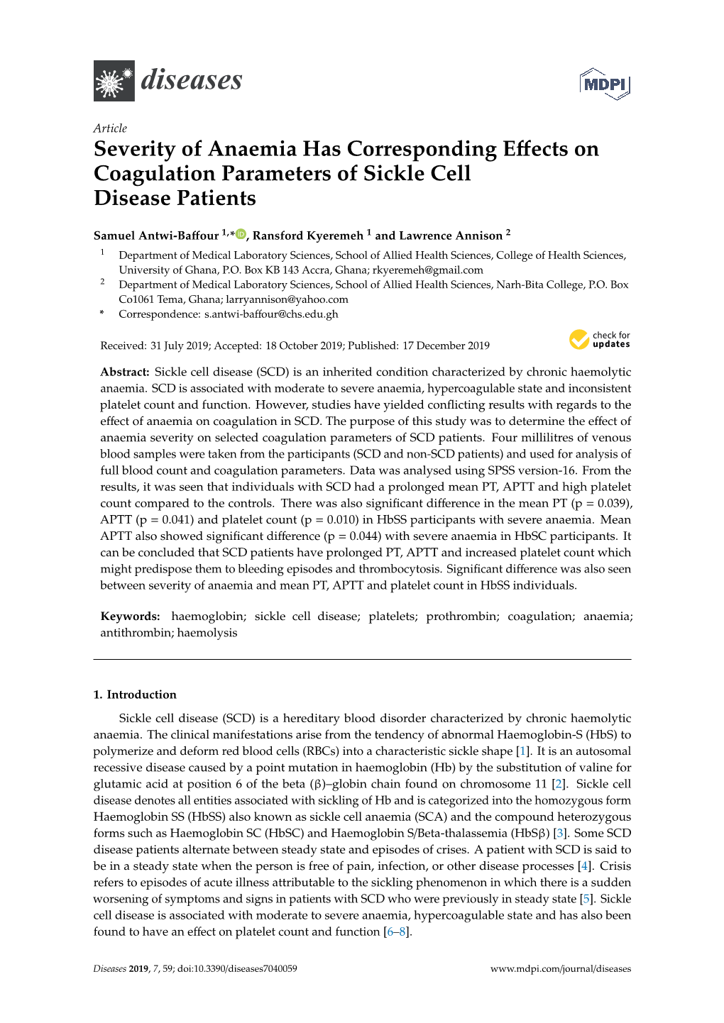 Severity of Anaemia Has Corresponding Effects on Coagulation Parameters of Sickle Cell Disease Patients