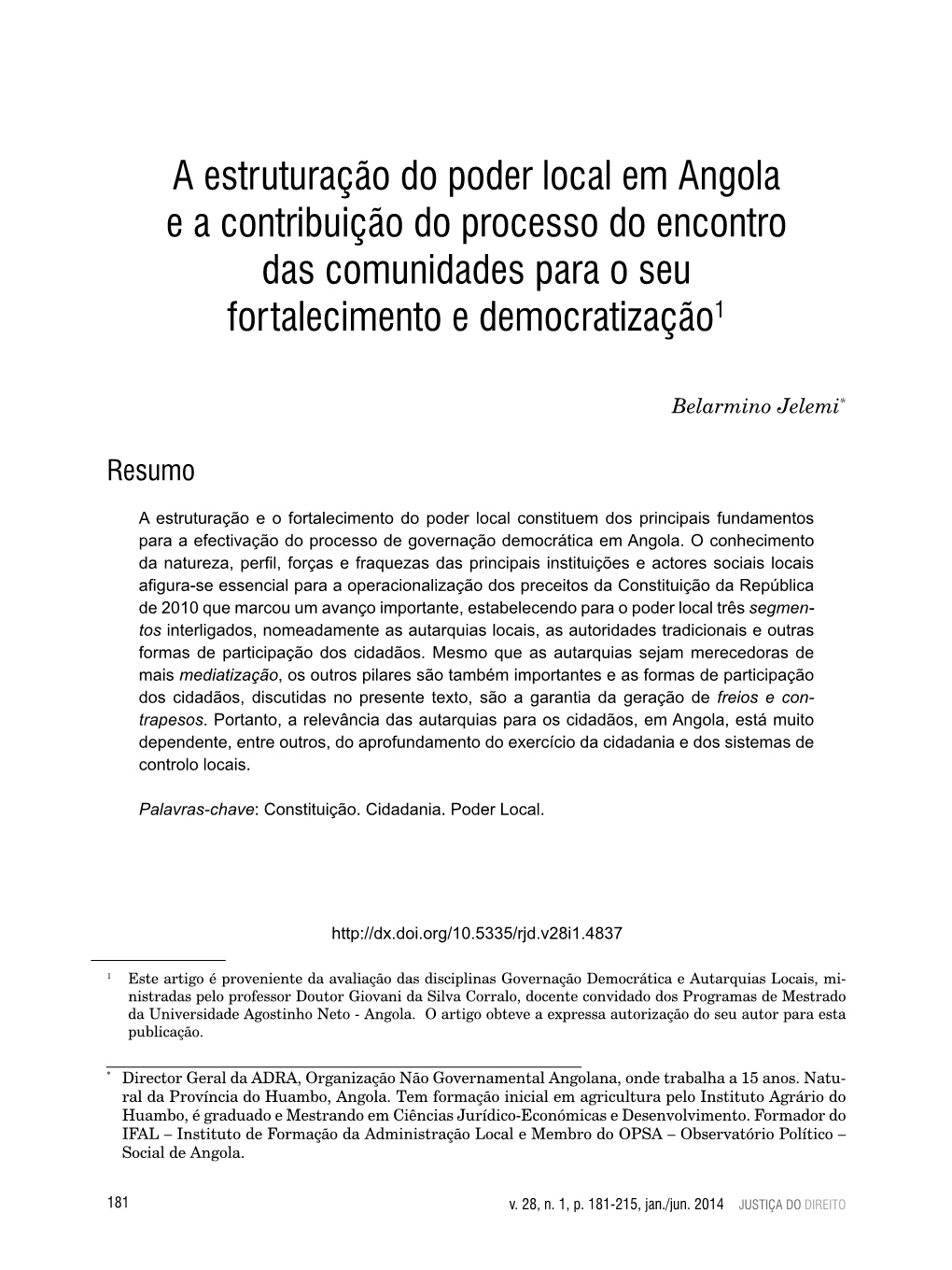 A Estruturação Do Poder Local Em Angola E a Contribuição Do