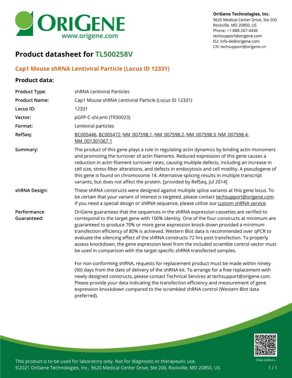 Cap1 Mouse Shrna Lentiviral Particle (Locus ID 12331) Product Data