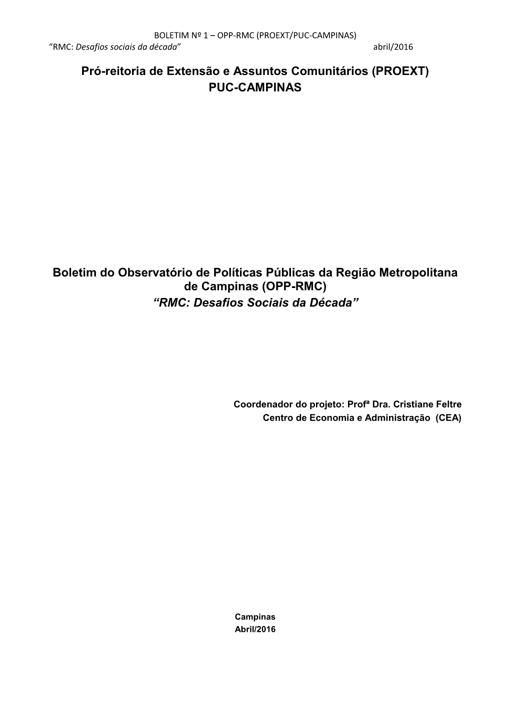 (PROEXT) PUC-CAMPINAS Boletim Do Observatório De Políticas