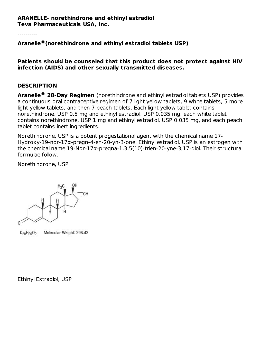 ARANELLE- Norethindrone and Ethinyl Estradiol Teva Pharmaceuticals USA, Inc