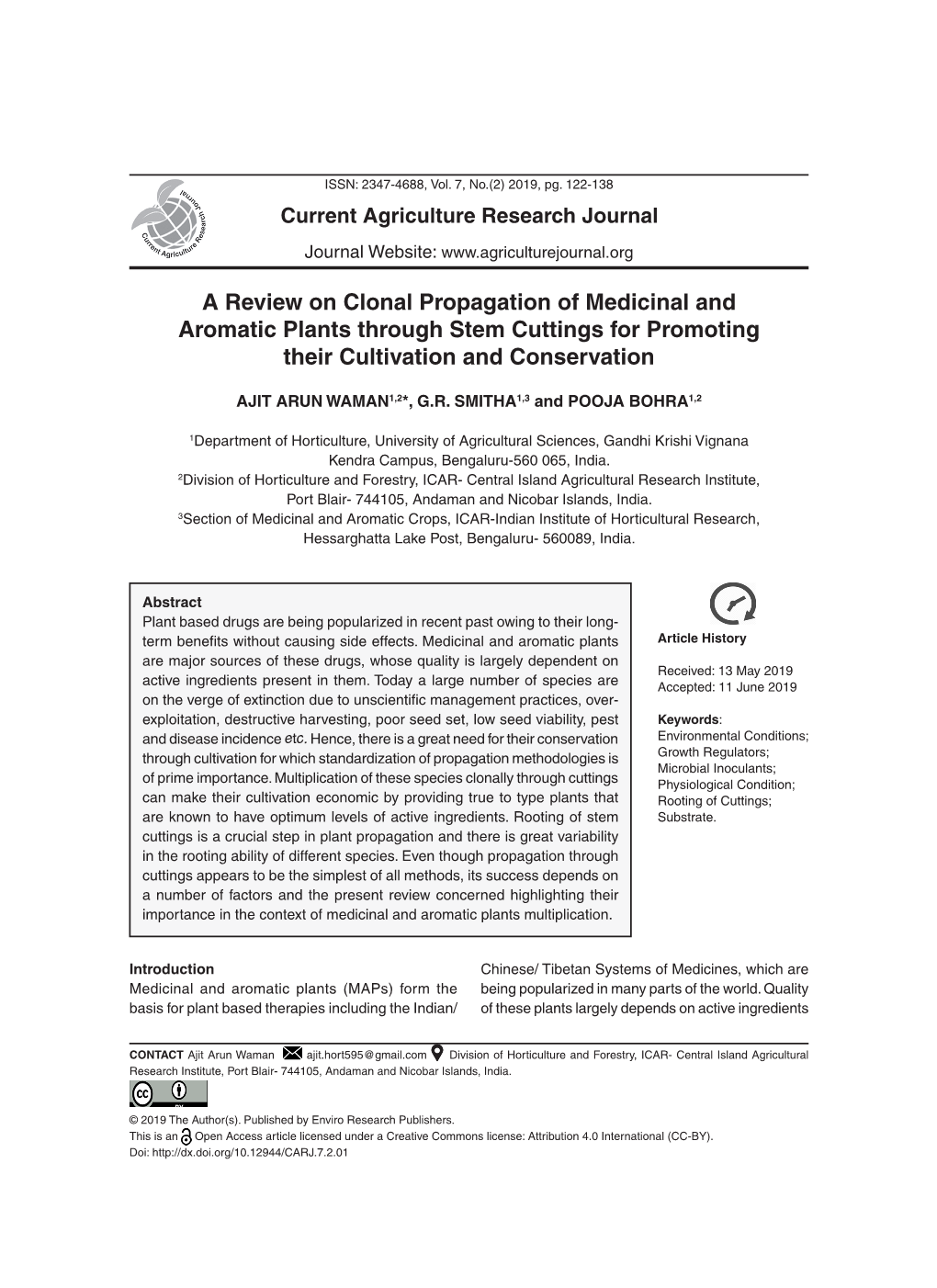 A Review on Clonal Propagation of Medicinal and Aromatic Plants Through Stem Cuttings for Promoting Their Cultivation and Conservation