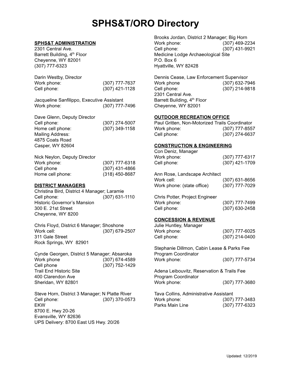 SPHS&T/ORO Directory