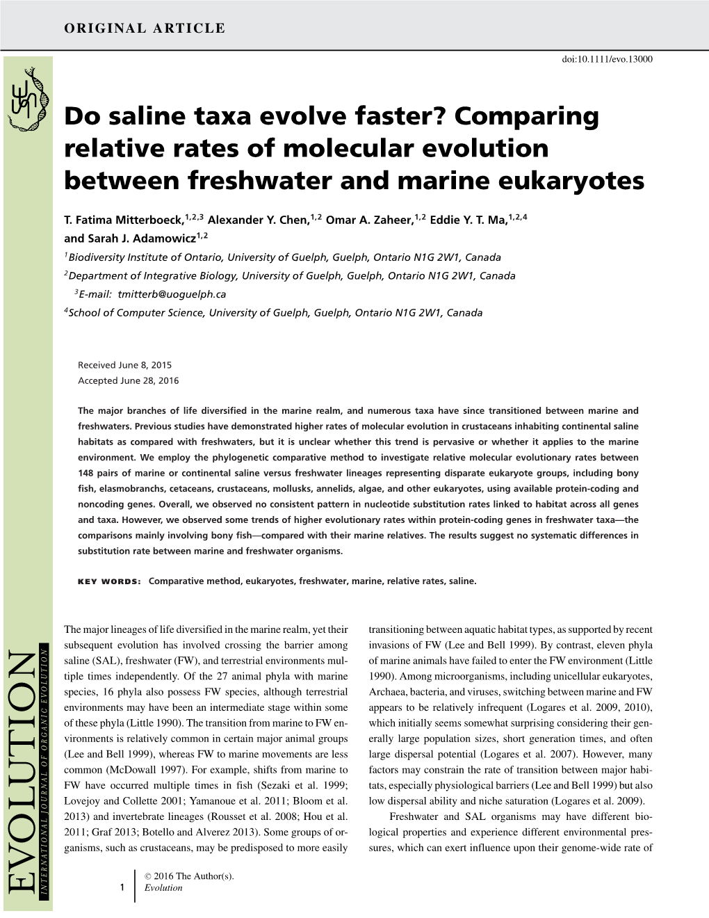 Comparing Relative Rates of Molecular Evolution Between Freshwater and Marine Eukaryotes