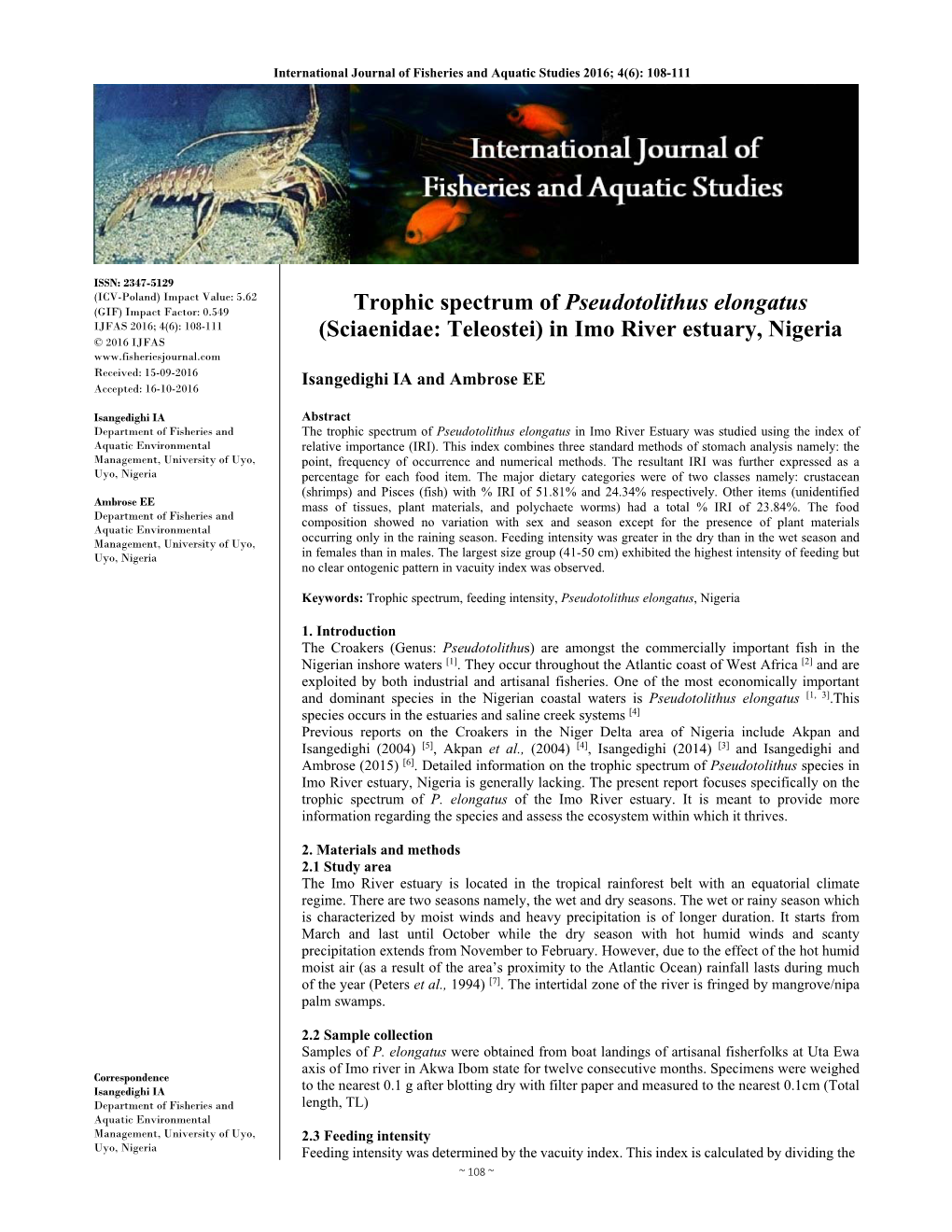 Trophic Spectrum of Pseudotolithus Elongatus (Sciaenidae: Teleostei) in Imo River Estuary, Nigeria