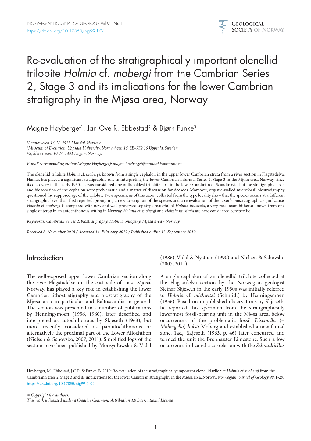 Re-Evaluation of the Stratigraphically Important Olenellid Trilobite Holmia Cf. Mobergi from the Cambrian Series 2, Stage 3