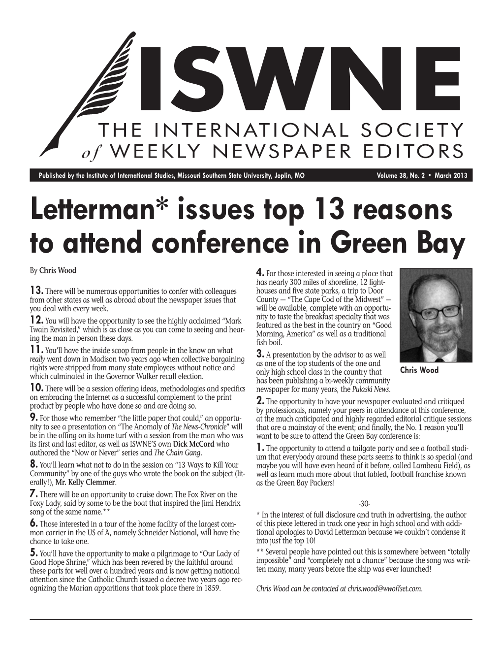 Letterman* Issues Top 13 Reasons to Attend Conference in Green Bay by Chris Wood 4