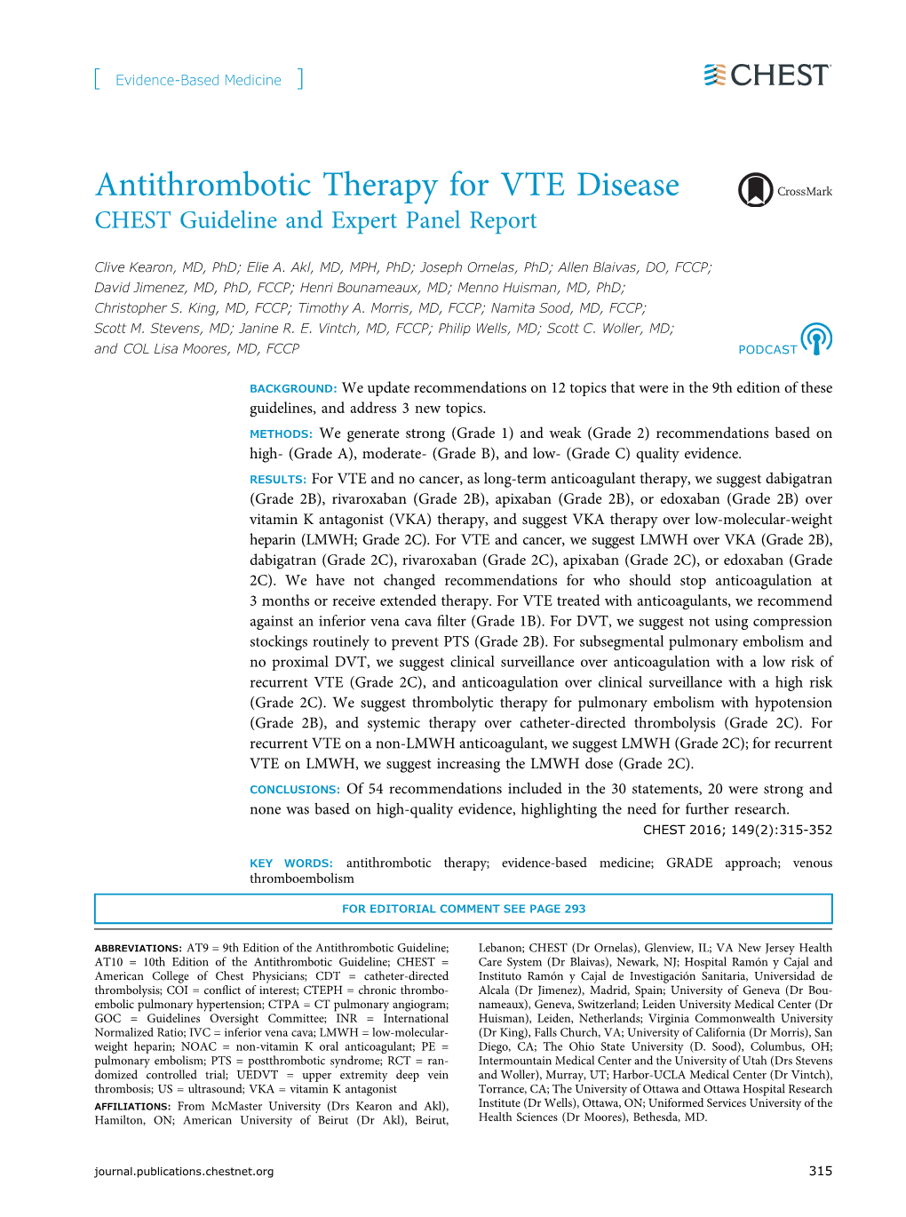 Antithrombotic Therapy for VTE Disease, 10Th Ed, 2016